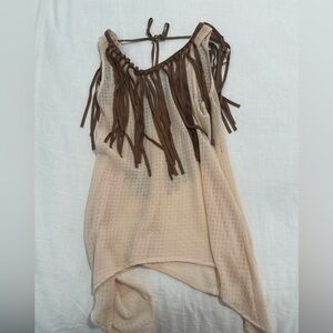 Judith March Tassel Fringe Sleeveless Tan Beige Large Boho Rodeo Concert Event